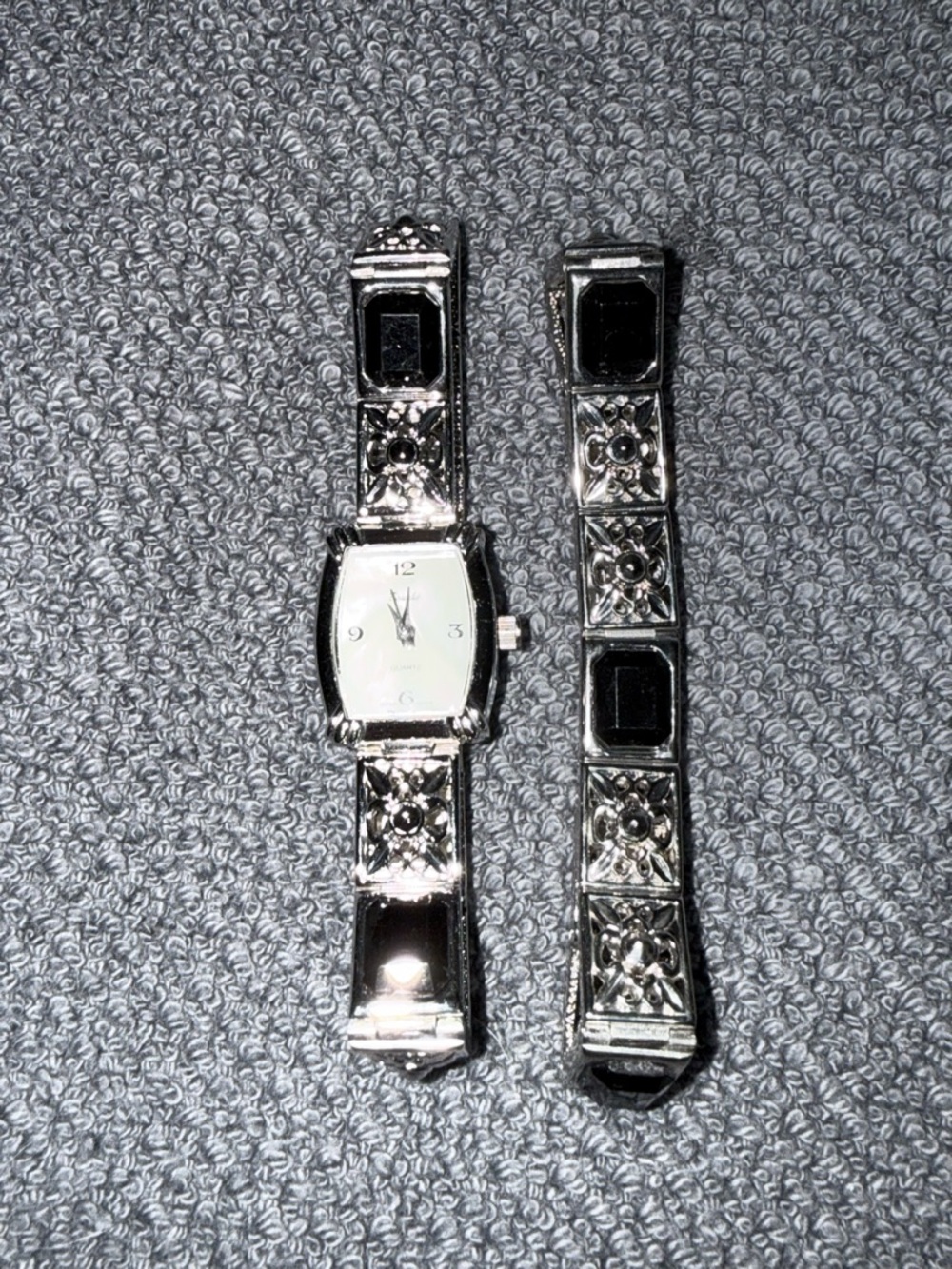 Silver-tone Bracelet and Watch with Black Inlays